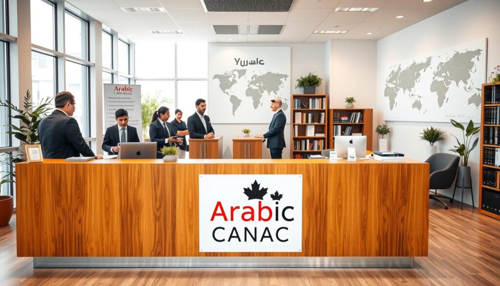 A modern, inviting office space with floor-to-ceiling windows, filled with natural light. In the foreground, a warm wooden reception desk with the "Arabic Canada" logo prominently displayed. Behind it, a team of professional immigration lawyers, dressed in crisp suits, consulting with clients. The middle ground features informative signage detailing the scope of immigration legal services offered, including family reunification, skilled worker visas, and refugee claims. In the background, a bookshelf filled with legal references and a world map, highlighting the global reach of the practice. The atmosphere exudes a sense of expertise, empathy, and dedication to serving the Arabic-speaking immigrant community in Toronto. A modern, inviting office space with floor-to-ceiling windows, filled with natural light. In the foreground, a warm wooden reception desk with the "Arabic Canada" logo prominently displayed. Behind it, a team of professional immigration lawyers, dressed in crisp suits, consulting with clients. The middle ground features informative signage detailing the scope of immigration legal services offered, including family reunification, skilled worker visas, and refugee claims. In the background, a bookshelf filled with legal references and a world map, highlighting the global reach of the practice. The atmosphere exudes a sense of expertise, empathy, and dedication to serving the Arabic-speaking immigrant community in Toronto.