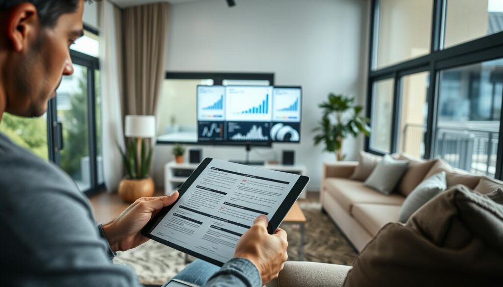 A modern living room with large windows, cozy furnishings, and a calm, inviting atmosphere. In the foreground, a person is reviewing various insurance policy documents on a tablet, deep in concentration. In the middle ground, a desktop computer displays graphs and charts illustrating "effective strategies to save on insurance policy". The background features Arabic Canada's logo, subtly showcasing the brand's presence. The lighting is soft and natural, creating a sense of tranquility and focus. The camera angle is slightly elevated, providing a wide, panoramic view of the scene.