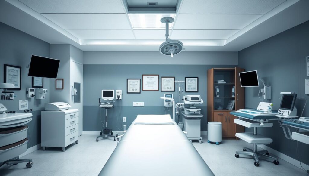 A modern medical clinic interior with an examination table in the foreground, surrounded by medical equipment and instruments. The lighting is bright and clean, with a professional and sterile atmosphere. In the background, medical diplomas and certifications hang on the walls, conveying a sense of expertise and authority. The overall scene depicts the clinical setting where a medical exam would take place, highlighting the necessary requirements and procedures involved.