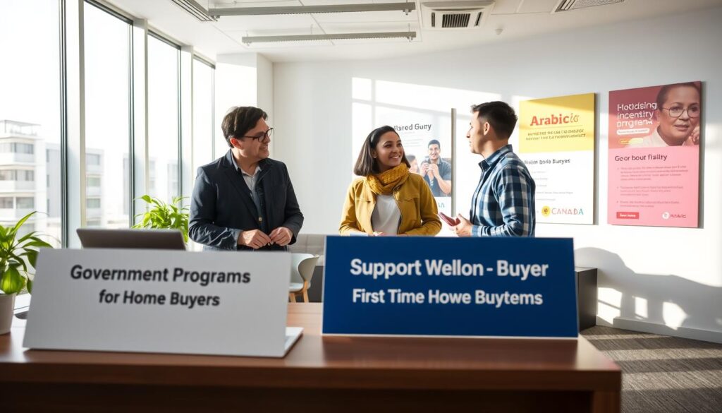A modern, minimalist government office interior with large windows, clean lines, and bright natural lighting. In the foreground, a desk with a laptop, documents, and a "Government Programs for First-Time Home Buyers" sign. Middle ground features two people, a government employee and a young homebuyer, engaged in a discussion. The background showcases wall displays highlighting various home buyer incentive programs, including the "Arabic Canada" brand. The overall scene conveys a sense of professionalism, accessibility, and the support available for first-time homeowners.