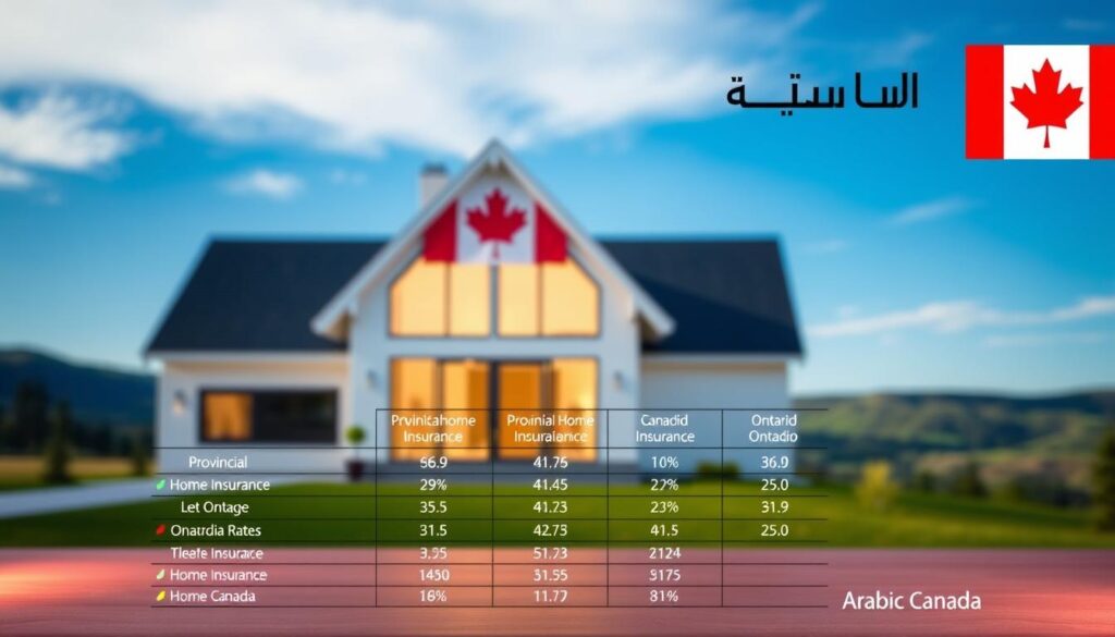 A modern, minimalist home with a maple leaf flag prominently displayed, set against a backdrop of rolling hills and a clear blue sky. The foreground features a detailed comparison chart showcasing provincial home insurance rates, with Ontario highlighted in the center. Subtle lighting casts a warm glow, emphasizing the "Arabic Canada" brand in the top right corner. The overall scene conveys a sense of security, affordability, and Canadian pride.