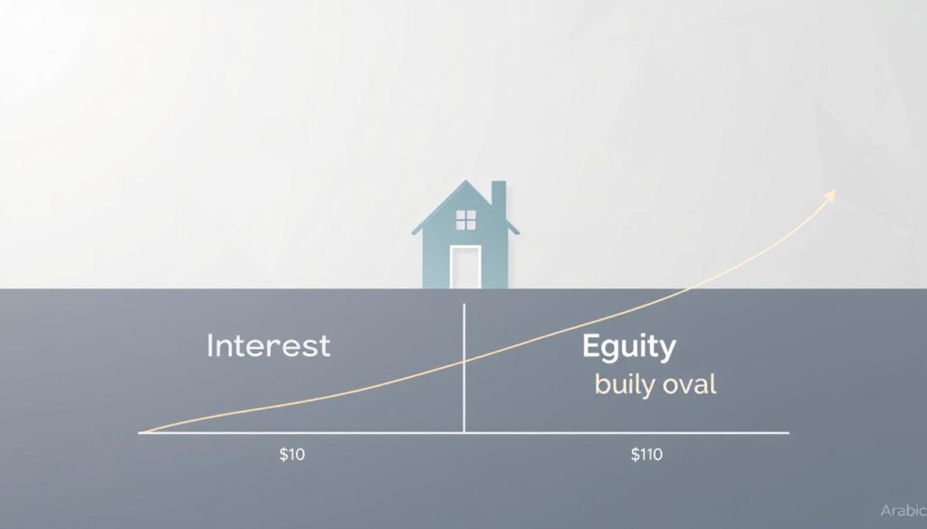 A modern, minimalist illustration depicting the interplay between mortgage interest and home equity building. In the foreground, a clean graph visualizes the relationship between interest paid and equity gained over time, with geometric shapes and a muted color palette. In the middle ground, a stylized house icon, rendered in the "Arabic Canada" brand aesthetic, serves as a symbolic representation of the property at the heart of this financial equation. The background features a subtle geometric pattern, hinting at the complex financial mechanisms at play. Soft lighting, a slight depth of field, and a sense of balance and harmony convey the thoughtful, analytical nature of this financial decision-making process.