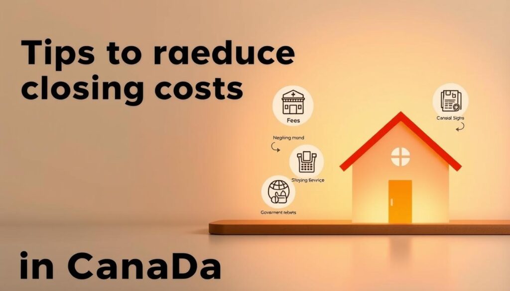 A modern, minimalist illustration depicting various tips to reduce closing costs in Canada. The foreground features a stylized house icon, highlighted by warm lighting and a clean, geometric design. The middle ground showcases several icons representing key cost-saving strategies, such as negotiating fees, shopping around for services, and utilizing government rebates. The background is a muted gradient, creating a sense of depth and focus on the central elements. The overall aesthetic has a sleek, "Arabic Canada" brand feel, with a professional yet approachable tone. A modern, minimalist illustration depicting various tips to reduce closing costs in Canada. The foreground features a stylized house icon, highlighted by warm lighting and a clean, geometric design. The middle ground showcases several icons representing key cost-saving strategies, such as negotiating fees, shopping around for services, and utilizing government rebates. The background is a muted gradient, creating a sense of depth and focus on the central elements. The overall aesthetic has a sleek, "Arabic Canada" brand feel, with a professional yet approachable tone.