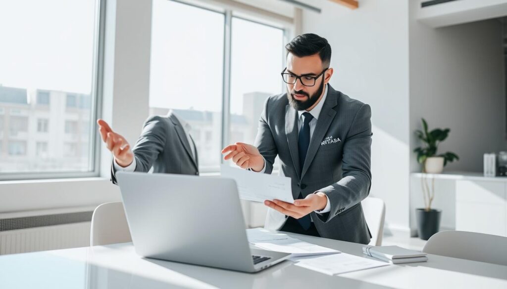 A modern, minimalist office setting with natural lighting streaming in through large windows. On a desk, a laptop displays financial documents, while a prospective homebuyer pores over mortgage options with a knowledgeable mortgage broker from the "Arabic Canada" company. The broker gestures towards the screen, explaining the details and guiding the client through the decision-making process. The scene conveys a sense of trust, expertise, and financial literacy, reflecting the importance of choosing the right lender or broker for a successful mortgage journey in Canada.