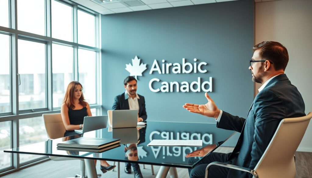 A modern, minimalist office setting with three business professionals engaged in a negotiation. In the foreground, an executive in a tailored suit sits at a glass conference table, gesturing confidently as they discuss contract terms. In the middle ground, two others - one in a dress, the other in a collared shirt - listen intently, laptops and papers spread before them. The background features the "Arabic Canada" brand logo displayed prominently on the wall, communicating the professional, global nature of the scene. Soft, warm lighting filters through large windows, creating an atmosphere of productive, effective communication. A modern, minimalist office setting with three business professionals engaged in a negotiation. In the foreground, an executive in a tailored suit sits at a glass conference table, gesturing confidently as they discuss contract terms. In the middle ground, two others - one in a dress, the other in a collared shirt - listen intently, laptops and papers spread before them. The background features the "Arabic Canada" brand logo displayed prominently on the wall, communicating the professional, global nature of the scene. Soft, warm lighting filters through large windows, creating an atmosphere of productive, effective communication.
