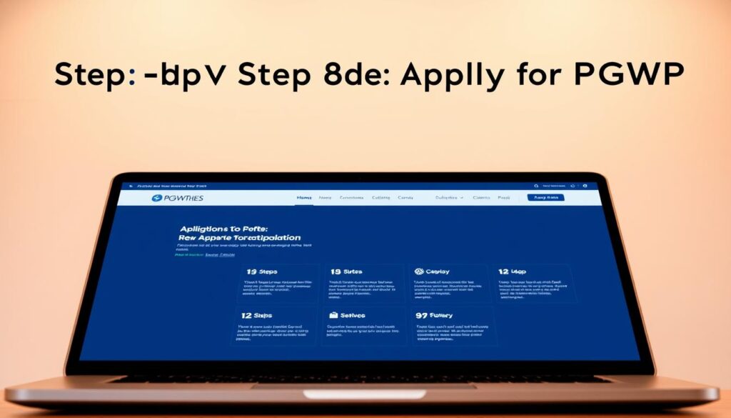 A modern, minimalist web application interface showcasing the PGWP online application process. The foreground depicts a laptop screen with a clean, user-friendly UI displaying the various steps of the application journey. The middle ground features a subtle background pattern evoking a sense of professionalism and efficiency. Warm, balanced lighting casts a professional glow, while the camera angle provides a natural, eye-level perspective for the viewer. The overall mood conveys a streamlined, hassle-free experience for the applicant, capturing the essence of the "Step-by-Step Guide to Applying for PGWP" section. A modern, minimalist web application interface showcasing the PGWP online application process. The foreground depicts a laptop screen with a clean, user-friendly UI displaying the various steps of the application journey. The middle ground features a subtle background pattern evoking a sense of professionalism and efficiency. Warm, balanced lighting casts a professional glow, while the camera angle provides a natural, eye-level perspective for the viewer. The overall mood conveys a streamlined, hassle-free experience for the applicant, capturing the essence of the "Step-by-Step Guide to Applying for PGWP" section.