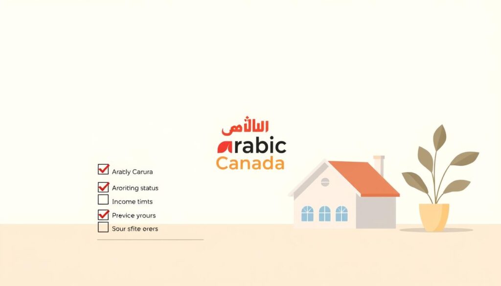 A modern, minimalistic illustration depicting the eligibility criteria for first-time home buyers in Canada. The composition features a clean, elegant layout with a warm, neutral color palette. In the foreground, a series of neatly organized checklist items are displayed, representing the key requirements such as residency status, income limits, and previous property ownership. The middle ground showcases a stylized representation of the "Arabic Canada" brand, emphasizing the inclusivity and accessibility of the first-time buyer programs. The background features a subtle textured pattern, evoking a sense of professionalism and reliability. The lighting is soft and diffused, creating a welcoming and informative atmosphere.