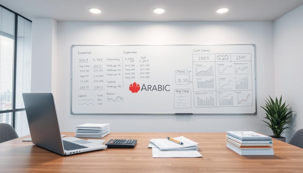 A modern office interior with a clean, minimalist design. In the foreground, a wooden desk with a laptop, calculator, and stacks of documents. On the wall behind, a large whiteboard displays various financial calculations and data visualizations. Soft, even lighting from ceiling-mounted fixtures creates a professional, focused atmosphere. In the background, a window overlooking a cityscape, with the "Arabic Canada" logo subtly visible in the distance. The overall scene conveys a sense of thoughtful financial planning and careful consideration of costs and expenses. A modern office interior with a clean, minimalist design. In the foreground, a wooden desk with a laptop, calculator, and stacks of documents. On the wall behind, a large whiteboard displays various financial calculations and data visualizations. Soft, even lighting from ceiling-mounted fixtures creates a professional, focused atmosphere. In the background, a window overlooking a cityscape, with the "Arabic Canada" logo subtly visible in the distance. The overall scene conveys a sense of thoughtful financial planning and careful consideration of costs and expenses.