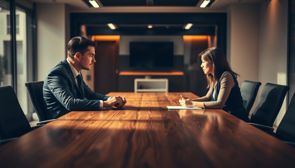 A modern office interior with a polished wood conference table taking center stage. Two business professionals, one male and one female, sit across from each other, engaged in an intense yet measured discussion. Warm, directional lighting casts shadows that convey the gravity of the negotiation. The background is blurred, drawing the viewer's focus to the figures and the tension between them. The scene evokes a sense of strategic timing, with the protagonists carefully weighing their words and body language. A modern office interior with a polished wood conference table taking center stage. Two business professionals, one male and one female, sit across from each other, engaged in an intense yet measured discussion. Warm, directional lighting casts shadows that convey the gravity of the negotiation. The background is blurred, drawing the viewer's focus to the figures and the tension between them. The scene evokes a sense of strategic timing, with the protagonists carefully weighing their words and body language.