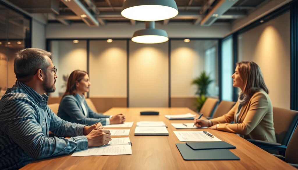 A modern office setting with a boardroom table, three business people engaged in a negotiation discussion, with notes and documents on the table. The lighting is warm and inviting, creating a professional yet approachable atmosphere. The camera angle is slightly elevated, giving a bird's-eye view of the negotiation process. The faces of the participants are visible, but not overly detailed, allowing the focus to remain on the overall scene. The background is blurred, emphasizing the central activity. The overall mood conveys a sense of productive, thoughtful negotiation. A modern office setting with a boardroom table, three business people engaged in a negotiation discussion, with notes and documents on the table. The lighting is warm and inviting, creating a professional yet approachable atmosphere. The camera angle is slightly elevated, giving a bird's-eye view of the negotiation process. The faces of the participants are visible, but not overly detailed, allowing the focus to remain on the overall scene. The background is blurred, emphasizing the central activity. The overall mood conveys a sense of productive, thoughtful negotiation.