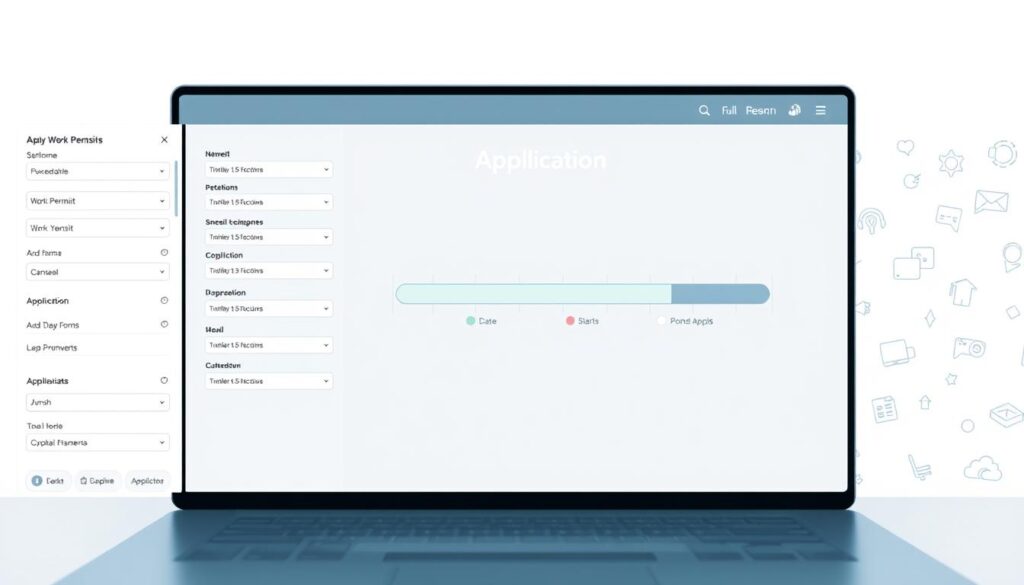 A modern, well-designed online work permit application interface, featuring a clean and intuitive layout. In the foreground, a user navigates through a series of form fields and dropdown menus, filled with carefully considered information prompts. The middle ground showcases a sleek status bar tracking the application progress, with dynamic visual indicators. In the background, a subtle pattern of icons and abstract shapes conveys a sense of digital professionalism. The lighting is soft and even, with a cool color palette that evokes a sense of trust and efficiency. The overall composition suggests a seamless, user-friendly experience for those applying for a work permit through an online platform. A modern, well-designed online work permit application interface, featuring a clean and intuitive layout. In the foreground, a user navigates through a series of form fields and dropdown menus, filled with carefully considered information prompts. The middle ground showcases a sleek status bar tracking the application progress, with dynamic visual indicators. In the background, a subtle pattern of icons and abstract shapes conveys a sense of digital professionalism. The lighting is soft and even, with a cool color palette that evokes a sense of trust and efficiency. The overall composition suggests a seamless, user-friendly experience for those applying for a work permit through an online platform.