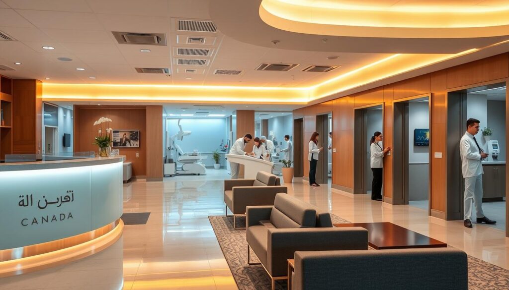 A modern, well-equipped hospital clinic offering a comprehensive range of medical services. The scene depicts a spacious, well-lit waiting room with comfortable seating, warm lighting, and sleek, contemporary decor. In the foreground, a reception desk with the "Arabic Canada" brand prominently displayed. Middle ground showcases various consultation rooms with state-of-the-art diagnostic equipment. The background reveals a bustling hallway with medical staff in crisp, professional attire efficiently tending to patients. The atmosphere is one of professionalism, care, and attention to detail, reflecting the high-quality healthcare services available at this "Arabic Canada" clinic.