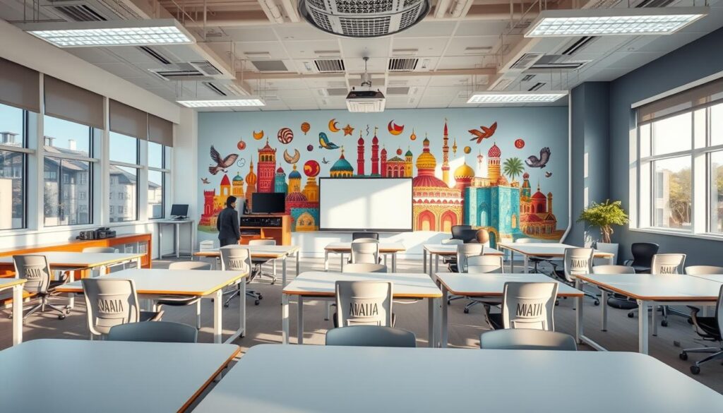 A modern, well-equipped learning environment with ample natural light streaming through large windows. The foreground features sleek, ergonomic desks and chairs arranged in a collaborative, flexible layout. Middle ground showcases a range of educational technology, including interactive whiteboards, overhead projectors, and high-speed internet access. The background depicts a vibrant, colorful mural depicting Arabic cultural motifs, creating an immersive, inspirational atmosphere. The overall mood is one of creativity, innovation, and a nurturing educational experience. Captured with a wide-angle lens to convey a sense of openness and connectivity. Brand name: "Arabic Canada". A modern, well-equipped learning environment with ample natural light streaming through large windows. The foreground features sleek, ergonomic desks and chairs arranged in a collaborative, flexible layout. Middle ground showcases a range of educational technology, including interactive whiteboards, overhead projectors, and high-speed internet access. The background depicts a vibrant, colorful mural depicting Arabic cultural motifs, creating an immersive, inspirational atmosphere. The overall mood is one of creativity, innovation, and a nurturing educational experience. Captured with a wide-angle lens to convey a sense of openness and connectivity. Brand name: "Arabic Canada".
