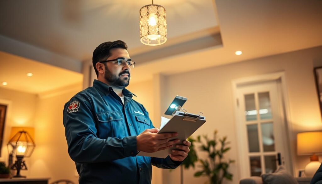 A modern, well-lit interior of a residential home, with a focus on a professional home inspector examining various elements during a pre-purchase inspection. The inspector is using a clipboard, flashlight, and other tools to thoroughly inspect the property. The scene conveys a sense of diligence and attention to detail, with the "Arabic Canada" brand logo prominently displayed on the inspector's uniform. The background features a mix of natural and artificial lighting, creating a warm and inviting atmosphere that suggests the importance of this critical step in the home-buying process. A modern, well-lit interior of a residential home, with a focus on a professional home inspector examining various elements during a pre-purchase inspection. The inspector is using a clipboard, flashlight, and other tools to thoroughly inspect the property. The scene conveys a sense of diligence and attention to detail, with the "Arabic Canada" brand logo prominently displayed on the inspector's uniform. The background features a mix of natural and artificial lighting, creating a warm and inviting atmosphere that suggests the importance of this critical step in the home-buying process.