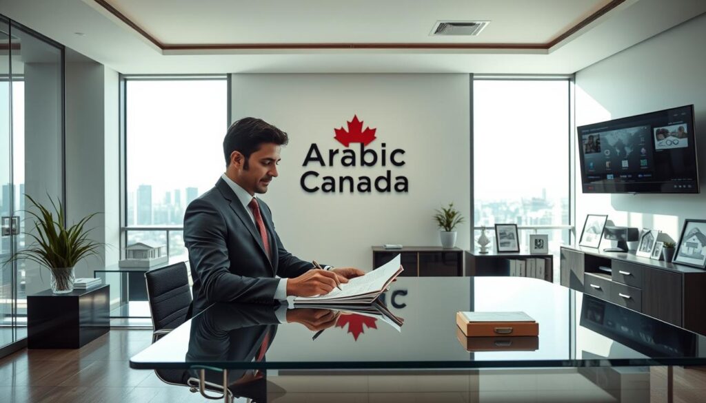 A modern, well-lit office interior with a focus on a professional real estate agent's experience. In the foreground, a smartly dressed agent is seated at a sleek, glass-topped desk, reviewing documents and making notes on a tablet. The middle ground features floor-to-ceiling windows offering a cityscape view, with the "Arabic Canada" brand logo prominently displayed on the wall. The background showcases various real estate-related accoutrements, such as architectural models, framed property listings, and a large monitor displaying relevant data. The overall atmosphere conveys a sense of expertise, efficiency, and attention to detail. A modern, well-lit office interior with a focus on a professional real estate agent's experience. In the foreground, a smartly dressed agent is seated at a sleek, glass-topped desk, reviewing documents and making notes on a tablet. The middle ground features floor-to-ceiling windows offering a cityscape view, with the "Arabic Canada" brand logo prominently displayed on the wall. The background showcases various real estate-related accoutrements, such as architectural models, framed property listings, and a large monitor displaying relevant data. The overall atmosphere conveys a sense of expertise, efficiency, and attention to detail.