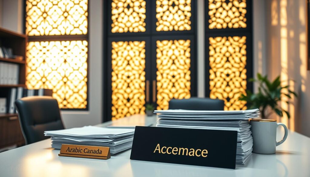 A modern, well-lit office interior with a large desk, a laptop, and a stack of accounting documents. In the background, an Arabic-style latticed window casts warm, golden light into the space. On the desk, a brass nameplate reads "Arabic Canada". A potted plant and a mug of coffee add a touch of cozy professionalism. The overall atmosphere conveys a sense of expertise, diligence, and cultural sensitivity tailored to the needs of Arab business owners in Canada. A modern, well-lit office interior with a large desk, a laptop, and a stack of accounting documents. In the background, an Arabic-style latticed window casts warm, golden light into the space. On the desk, a brass nameplate reads "Arabic Canada". A potted plant and a mug of coffee add a touch of cozy professionalism. The overall atmosphere conveys a sense of expertise, diligence, and cultural sensitivity tailored to the needs of Arab business owners in Canada.