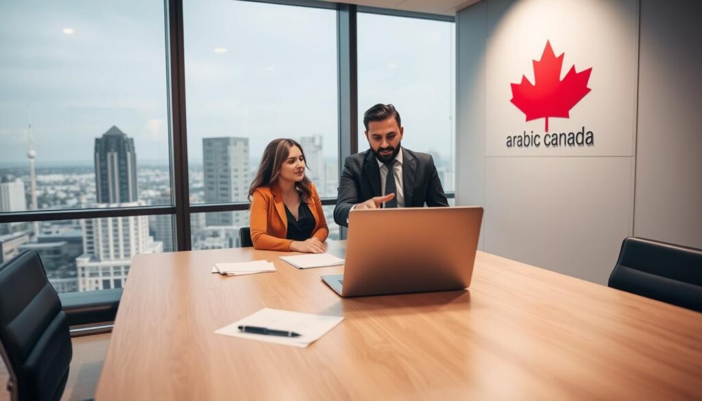 A modern, well-lit office interior with a large desk in the foreground. On the desk, a laptop, some documents, and a pen. In the middle ground, two people, a newcomer and a mortgage advisor, are having a discussion, with the advisor gesturing towards the laptop screen. The background features a large window overlooking a cityscape, with the "Arabic Canada" logo prominently displayed on the wall. The scene conveys a sense of professionalism, guidance, and the opportunity for newcomers to navigate the mortgage process in Canada.