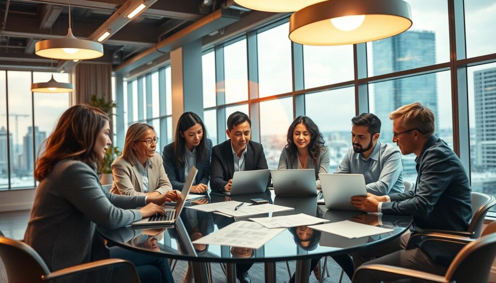 A modern, well-lit office interior with a team of professionals engaged in a collaborative research session. In the foreground, a group of diverse individuals sit around a glass conference table, laptops and documents spread out before them. Warm lighting from overhead fixtures casts a focused glow, highlighting their engaged expressions and the dynamic exchange of ideas. In the background, floor-to-ceiling windows offer a scenic cityscape, conveying a sense of connection to the broader business landscape. The overall atmosphere exudes a culture of innovation, teamwork, and a dedication to understanding the company's identity and values. A modern, well-lit office interior with a team of professionals engaged in a collaborative research session. In the foreground, a group of diverse individuals sit around a glass conference table, laptops and documents spread out before them. Warm lighting from overhead fixtures casts a focused glow, highlighting their engaged expressions and the dynamic exchange of ideas. In the background, floor-to-ceiling windows offer a scenic cityscape, conveying a sense of connection to the broader business landscape. The overall atmosphere exudes a culture of innovation, teamwork, and a dedication to understanding the company's identity and values.