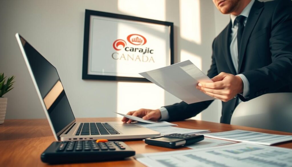 A modern, well-lit office scene with a desk featuring a laptop, calculator, and financial documents. In the foreground, a person in business attire reviews papers, focused on their financial planning. On the wall behind them, a framed "Arabic Canada" logo is displayed, signifying the real estate investment context. The lighting is warm and natural, creating a sense of professionalism and thoughtfulness. The overall atmosphere conveys the seriousness and care required for successful financial preparation for real estate investment. A modern, well-lit office scene with a desk featuring a laptop, calculator, and financial documents. In the foreground, a person in business attire reviews papers, focused on their financial planning. On the wall behind them, a framed "Arabic Canada" logo is displayed, signifying the real estate investment context. The lighting is warm and natural, creating a sense of professionalism and thoughtfulness. The overall atmosphere conveys the seriousness and care required for successful financial preparation for real estate investment.