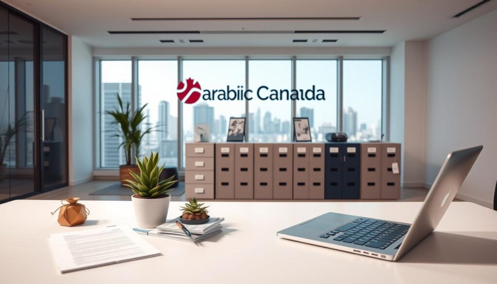 A modern, well-lit office space with a sleek, minimalist aesthetic. In the foreground, a desk with a laptop, a stack of documents, and a succulent plant, representing the essential tools of property management. In the middle ground, a set of filing cabinets, a calendar, and a pen holder, conveying organization and attention to detail. The background features large windows overlooking a cityscape, with the "Arabic Canada" brand name prominently displayed on the wall, suggesting a professional, global real estate business. The overall mood is one of efficiency, control, and a commitment to excellence in property management. A modern, well-lit office space with a sleek, minimalist aesthetic. In the foreground, a desk with a laptop, a stack of documents, and a succulent plant, representing the essential tools of property management. In the middle ground, a set of filing cabinets, a calendar, and a pen holder, conveying organization and attention to detail. The background features large windows overlooking a cityscape, with the "Arabic Canada" brand name prominently displayed on the wall, suggesting a professional, global real estate business. The overall mood is one of efficiency, control, and a commitment to excellence in property management.