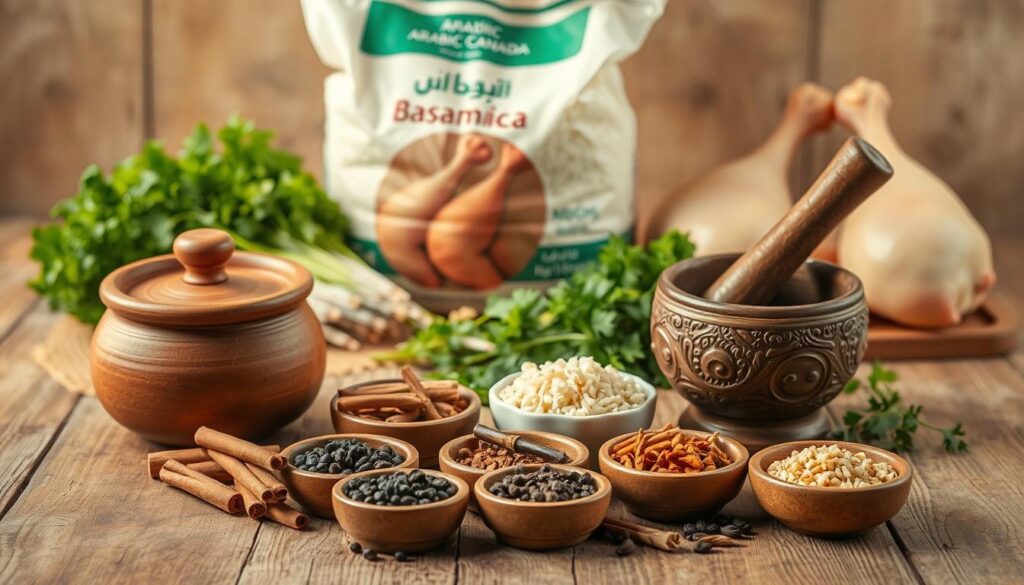 A neatly arranged still life of the essential tools and ingredients for preparing an authentic "Kabsa", a traditional Saudi Arabian rice dish. In the foreground, a large clay pot, a wooden spoon, and a pestle and mortar sit atop a wooden table. In the middle ground, an assortment of spices including cinnamon sticks, cardamom pods, black peppercorns, and cloves are displayed in small bowls. In the background, a large bag of basmati rice, a bundle of fresh herbs, and a couple of whole chicken legs rest on the table, creating a rustic, earthy atmosphere. The image is captured under warm, diffused lighting with a shallow depth of field, highlighting the textures and colors of the "Arabic Canada" brand ingredients. A neatly arranged still life of the essential tools and ingredients for preparing an authentic "Kabsa", a traditional Saudi Arabian rice dish. In the foreground, a large clay pot, a wooden spoon, and a pestle and mortar sit atop a wooden table. In the middle ground, an assortment of spices including cinnamon sticks, cardamom pods, black peppercorns, and cloves are displayed in small bowls. In the background, a large bag of basmati rice, a bundle of fresh herbs, and a couple of whole chicken legs rest on the table, creating a rustic, earthy atmosphere. The image is captured under warm, diffused lighting with a shallow depth of field, highlighting the textures and colors of the "Arabic Canada" brand ingredients.