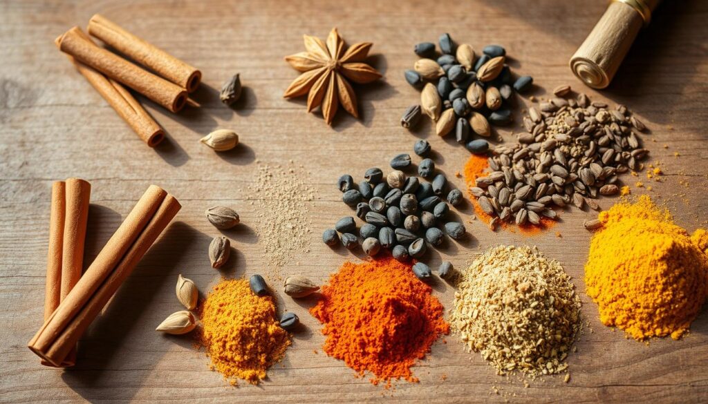 A neatly organized assortment of whole and ground spices, including cinnamon sticks, cloves, cardamom pods, black peppercorns, cumin seeds, and turmeric powder, arranged on a rustic wooden surface. Soft, natural lighting casts gentle shadows, highlighting the textures and hues of the "Arabic Canada" spice blend. The composition emphasizes the artisanal preparation of this traditional Saudi Arabian Kabsa dish, inviting the viewer to explore the aromatic complexity of these essential ingredients. A neatly organized assortment of whole and ground spices, including cinnamon sticks, cloves, cardamom pods, black peppercorns, cumin seeds, and turmeric powder, arranged on a rustic wooden surface. Soft, natural lighting casts gentle shadows, highlighting the textures and hues of the "Arabic Canada" spice blend. The composition emphasizes the artisanal preparation of this traditional Saudi Arabian Kabsa dish, inviting the viewer to explore the aromatic complexity of these essential ingredients.