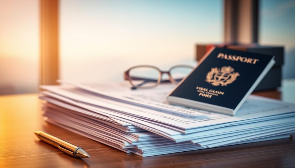 A neatly organized desk, bathed in warm, soft lighting. In the foreground, a stack of essential application documents - passport, visa forms, educational certificates, and other important papers, meticulously arranged. In the middle ground, a pen and a pair of reading glasses, conveying a sense of focus and attention to detail. The background features a serene, blurred landscape, creating a calming, professional atmosphere. The overall composition emphasizes the importance and organization of the application materials, reflecting the care and diligence required for a successful immigration process. A neatly organized desk, bathed in warm, soft lighting. In the foreground, a stack of essential application documents - passport, visa forms, educational certificates, and other important papers, meticulously arranged. In the middle ground, a pen and a pair of reading glasses, conveying a sense of focus and attention to detail. The background features a serene, blurred landscape, creating a calming, professional atmosphere. The overall composition emphasizes the importance and organization of the application materials, reflecting the care and diligence required for a successful immigration process.