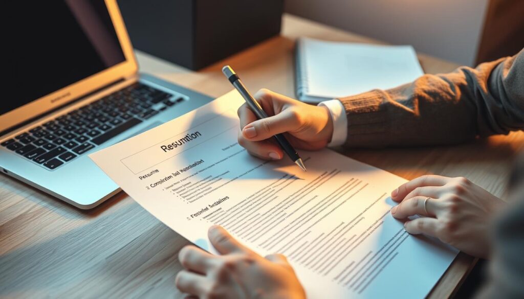 A neatly organized desk with a laptop, notebook, and pen. A person's hands meticulously reviewing a job description and tailoring their resume to match the required skills and qualifications. The lighting is warm and focused, creating a sense of concentration and determination. The background is slightly blurred, emphasizing the task at hand. The overall composition conveys the careful attention and diligence required to align one's resume with a specific job opportunity. A neatly organized desk with a laptop, notebook, and pen. A person's hands meticulously reviewing a job description and tailoring their resume to match the required skills and qualifications. The lighting is warm and focused, creating a sense of concentration and determination. The background is slightly blurred, emphasizing the task at hand. The overall composition conveys the careful attention and diligence required to align one's resume with a specific job opportunity.