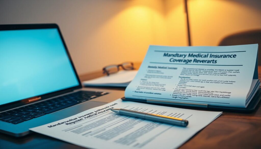 A neatly organized desk with a laptop, pen, and documents showcasing key details of mandatory medical insurance coverage requirements. Soft, warm lighting illuminates the scene, creating an atmosphere of professionalism and attention to detail. The background features a minimalist, uncluttered office space, drawing the viewer's focus to the core subject matter. The overall composition conveys a sense of careful planning, attention to regulations, and the importance of securing appropriate medical coverage. A neatly organized desk with a laptop, pen, and documents showcasing key details of mandatory medical insurance coverage requirements. Soft, warm lighting illuminates the scene, creating an atmosphere of professionalism and attention to detail. The background features a minimalist, uncluttered office space, drawing the viewer's focus to the core subject matter. The overall composition conveys a sense of careful planning, attention to regulations, and the importance of securing appropriate medical coverage.