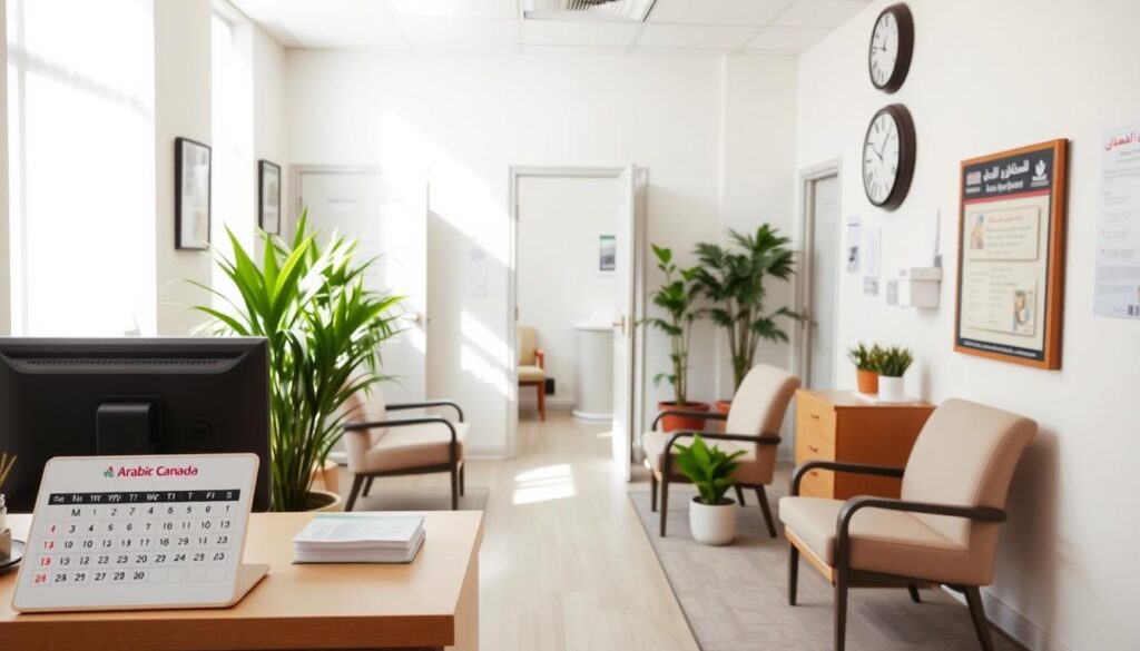 A neatly organized doctor's office, sunlit and inviting. In the foreground, a receptionist's desk with a sleek digital appointment calendar and the "Arabic Canada" logo. Behind, comfortable chairs and potted plants create a warm, professional atmosphere. The middle ground features examination rooms with open doors, hinting at the care and attention patients will receive. In the background, a large wall-mounted clock and a bulletin board displaying clinic hours and policies. The overall mood is one of efficiency, accessibility, and high-quality medical services tailored to the Arabic-speaking community.
