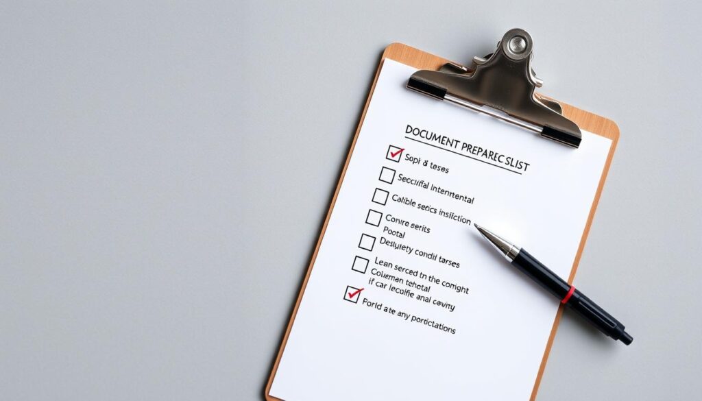 A neatly organized document preparation checklist, featuring crisp white paper, a sleek black pen, and a wooden clipboard against a muted gray background. The lighting is soft and diffused, creating a professional yet welcoming atmosphere. The checklist items are clearly visible, with carefully hand-written tasks and checkboxes, conveying a sense of attention to detail and preparedness. The overall composition is balanced and visually appealing, drawing the viewer's eye to the essential elements of the document preparation process. A neatly organized document preparation checklist, featuring crisp white paper, a sleek black pen, and a wooden clipboard against a muted gray background. The lighting is soft and diffused, creating a professional yet welcoming atmosphere. The checklist items are clearly visible, with carefully hand-written tasks and checkboxes, conveying a sense of attention to detail and preparedness. The overall composition is balanced and visually appealing, drawing the viewer's eye to the essential elements of the document preparation process.