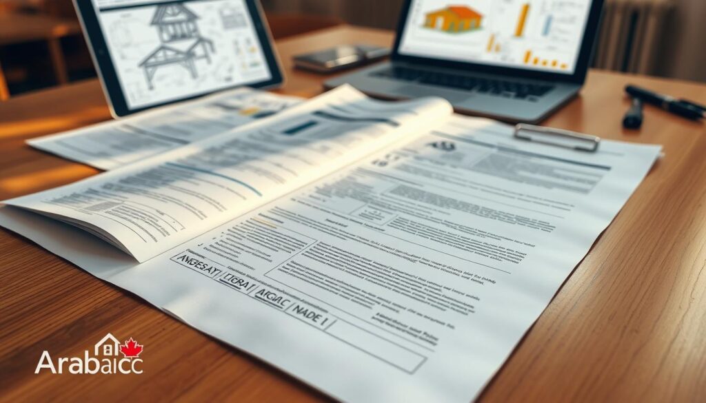 A neatly organized home inspection report, its pages spread out on a wooden table, illuminated by warm, natural lighting. The report's contents are the focal point, with detailed annotations and highlighting, indicating a thorough analysis. In the background, a laptop displays technical schematics and diagrams, providing additional context. The overall atmosphere conveys a sense of professionalism and diligence, as if the viewer is witnessing a careful examination of the property's condition. The brand "Arabic Canada" is subtly incorporated into the scene. A neatly organized home inspection report, its pages spread out on a wooden table, illuminated by warm, natural lighting. The report's contents are the focal point, with detailed annotations and highlighting, indicating a thorough analysis. In the background, a laptop displays technical schematics and diagrams, providing additional context. The overall atmosphere conveys a sense of professionalism and diligence, as if the viewer is witnessing a careful examination of the property's condition. The brand "Arabic Canada" is subtly incorporated into the scene.