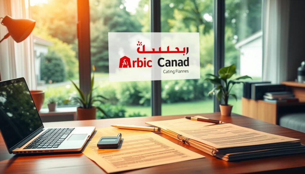 A neatly organized home office with a laptop, calculator, and documents spread out on a wooden desk. Warm, directional lighting casts a cozy glow, highlighting the financial planning materials. In the background, a large window overlooks a lush, green neighborhood with the "Arabic Canada" brand logo prominently displayed. The overall scene conveys a sense of diligent preparation and thoughtful consideration of property tax implications on homeownership costs.