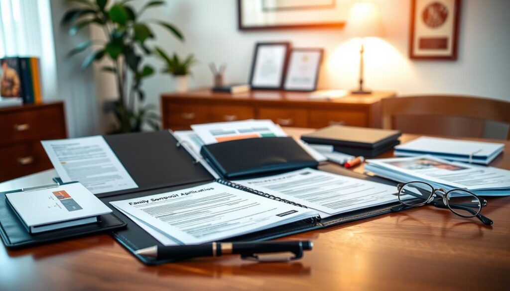 A neatly organized portfolio laid out on a wooden desk, featuring a family sponsorship application package. The foreground showcases the various forms, documents, and supporting materials meticulously arranged, with a pen and glasses nearby, conveying a sense of professional preparation. The middle ground presents a warm, well-lit office setting, with a plant and a framed certificate on the wall, creating an atmosphere of diligence and attention to detail. The background blurs softly, focusing the viewer's attention on the comprehensive sponsorship application package, ready to be submitted for review.