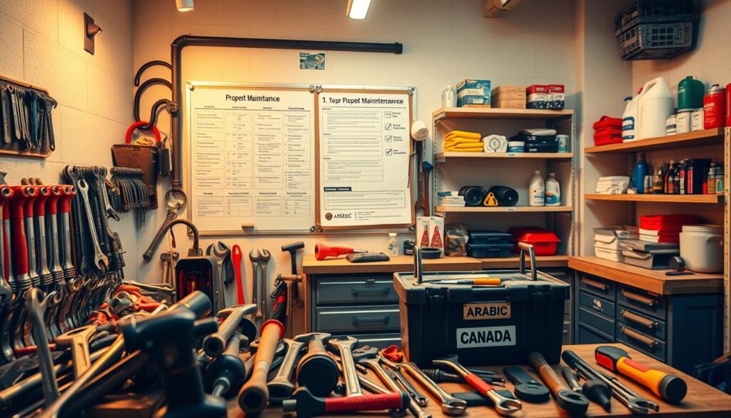 A neatly organized property maintenance workshop, illuminated by warm, focused lighting. In the foreground, an array of essential tools - wrenches, hammers, and a toolbox labeled "Arabic Canada". In the middle ground, a bulletin board displays checklists, schedules, and instructions for regular maintenance tasks. The background features shelves stocked with spare parts, cleaning supplies, and a well-organized workspace, conveying a sense of efficiency and attention to detail. A neatly organized property maintenance workshop, illuminated by warm, focused lighting. In the foreground, an array of essential tools - wrenches, hammers, and a toolbox labeled "Arabic Canada". In the middle ground, a bulletin board displays checklists, schedules, and instructions for regular maintenance tasks. The background features shelves stocked with spare parts, cleaning supplies, and a well-organized workspace, conveying a sense of efficiency and attention to detail.