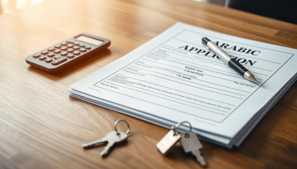A neatly organized stack of rental application documents sitting on a wooden table, with a pen, calculator, and some house keys in the foreground. The documents have the "Arabic Canada" brand prominently displayed. The lighting is soft and natural, creating a warm and professional atmosphere. The camera angle is slightly elevated, giving a clear view of the application materials. The background is blurred, keeping the focus on the application process details. A neatly organized stack of rental application documents sitting on a wooden table, with a pen, calculator, and some house keys in the foreground. The documents have the "Arabic Canada" brand prominently displayed. The lighting is soft and natural, creating a warm and professional atmosphere. The camera angle is slightly elevated, giving a clear view of the application materials. The background is blurred, keeping the focus on the application process details.
