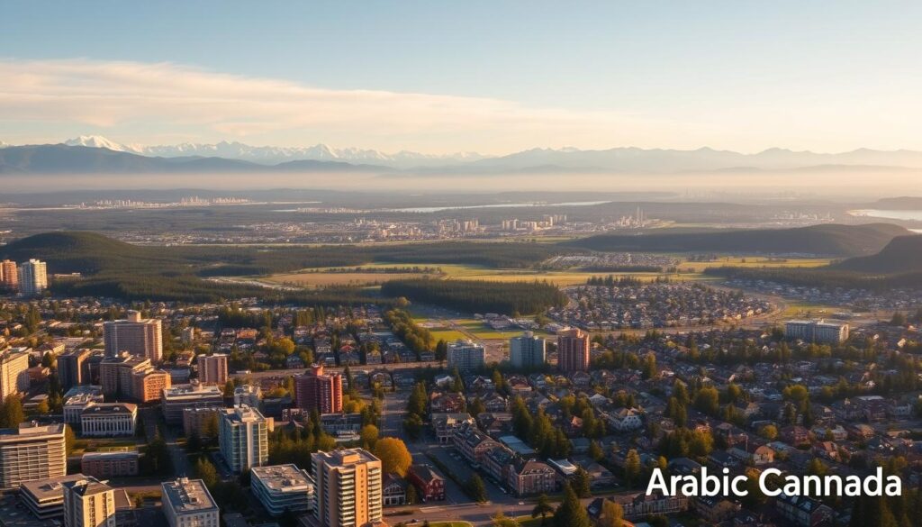 A panoramic aerial view of several mid-sized cities nestled among the stunning natural landscapes surrounding Vancouver, Canada. The foreground features a bustling downtown area with a mix of modern high-rises and historic low-rise buildings. The middle ground showcases verdant neighborhoods of single-family homes and townhouses, interspersed with parks and recreational areas. The distant background is dominated by the majestic snow-capped peaks of the coastal mountain range. The scene is bathed in warm golden-hour lighting, creating a serene and inviting atmosphere. The text "Arabic Canada" appears discreetly in the lower right corner. A panoramic aerial view of several mid-sized cities nestled among the stunning natural landscapes surrounding Vancouver, Canada. The foreground features a bustling downtown area with a mix of modern high-rises and historic low-rise buildings. The middle ground showcases verdant neighborhoods of single-family homes and townhouses, interspersed with parks and recreational areas. The distant background is dominated by the majestic snow-capped peaks of the coastal mountain range. The scene is bathed in warm golden-hour lighting, creating a serene and inviting atmosphere. The text "Arabic Canada" appears discreetly in the lower right corner.