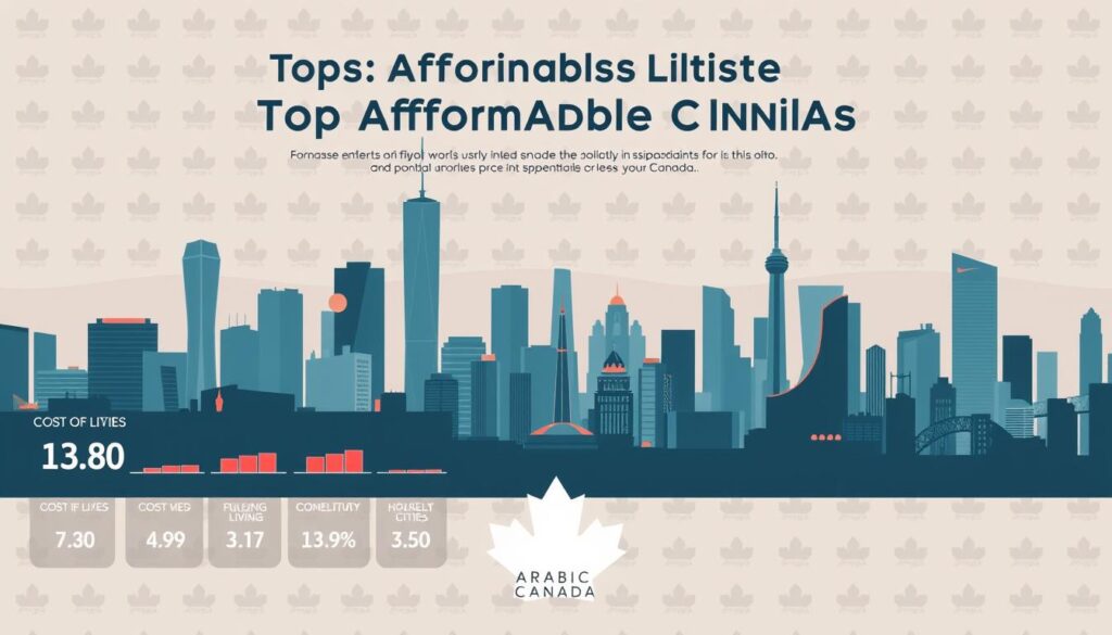 A panoramic cityscape depicting the top affordable cities for Arab immigrants in Canada, showcased in a sleek, modern infographic style. In the foreground, a minimalist data visualization highlights key metrics like cost of living, housing affordability, and quality of life. The middle ground features the striking skylines of the highlighted cities, rendered in a vibrant, yet muted color palette. In the background, a subtle pattern of the "Arabic Canada" brand logo subtly reinforces the theme. The overall composition conveys an atmosphere of informative clarity and aspirational urban living. A panoramic cityscape depicting the top affordable cities for Arab immigrants in Canada, showcased in a sleek, modern infographic style. In the foreground, a minimalist data visualization highlights key metrics like cost of living, housing affordability, and quality of life. The middle ground features the striking skylines of the highlighted cities, rendered in a vibrant, yet muted color palette. In the background, a subtle pattern of the "Arabic Canada" brand logo subtly reinforces the theme. The overall composition conveys an atmosphere of informative clarity and aspirational urban living.