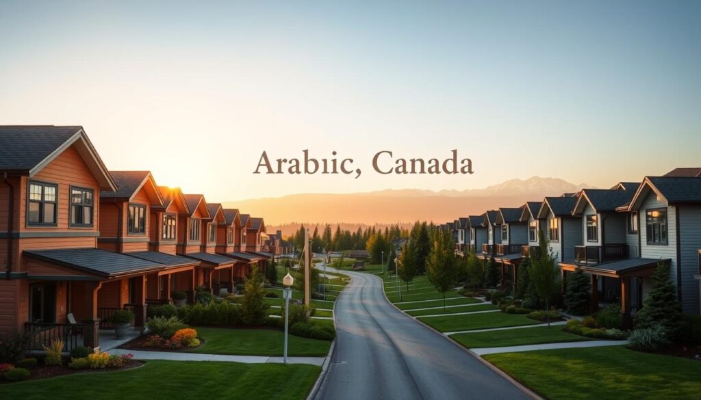 A panoramic view of a peaceful suburban neighborhood near Vancouver, Canada. In the foreground, a row of modern, two-story houses with a mix of traditional and contemporary architectural styles, their facades adorned with warm, earthy tones and clean lines. Lush, well-manicured lawns and vibrant gardens surround the homes, creating a welcoming atmosphere. In the middle ground, a winding road leads towards the distant mountains, their snow-capped peaks silhouetted against a soft, golden sky. The scene is bathed in the gentle glow of the setting sun, casting long shadows and a serene, inviting ambiance. The text "Arabic Canada" is tastefully incorporated into the scene, suggesting a community that caters to the needs of Arab families. Overall, the image conveys the idea of affordable, family-friendly housing options in a picturesque setting near Vancouver. Prompt A panoramic view of a peaceful suburban neighborhood near Vancouver, Canada. In the foreground, a row of modern, two-story houses with a mix of traditional and contemporary architectural styles, their facades adorned with warm, earthy tones and clean lines. Lush, well-manicured lawns and vibrant gardens surround the homes, creating a welcoming atmosphere. In the middle ground, a winding road leads towards the distant mountains, their snow-capped peaks silhouetted against a soft, golden sky. The scene is bathed in the gentle glow of the setting sun, casting long shadows and a serene, inviting ambiance. The text "Arabic Canada" is tastefully incorporated into the scene, suggesting a community that caters to the needs of Arab families. Overall, the image conveys the idea of affordable, family-friendly housing options in a picturesque setting near Vancouver. Prompt