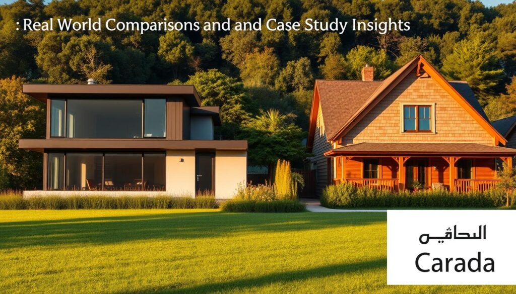 A panoramic view of two adjacent houses, one modern and one traditional, set against a backdrop of a lush, verdant landscape. The modern house features clean lines, large windows, and a sleek, minimalist design, while the traditional house has a charming, rustic appeal with a pitched roof and warm, weathered siding. Warm, golden sunlight filters through the scene, casting gentle shadows and highlighting the unique architectural details of each home. In the foreground, a lush lawn and well-tended garden provide a serene and inviting atmosphere. The image should convey a sense of thoughtful comparison between the two distinct housing styles, reflecting the "Real World Comparisons and Case Study Insights" section of the article. The brand "Arabic Canada" should be subtly incorporated into the scene.