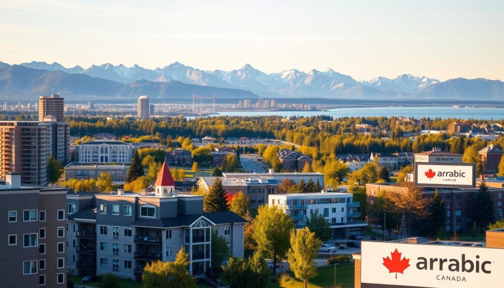 A peaceful, picturesque Canadian cityscape, showcasing ideal rental property locations. In the foreground, well-maintained residential buildings with a mix of modern and classic architectural styles. The middle ground features lush greenery, parks, and thriving commercial districts. In the background, the majestic Canadian Rockies or serene lakes provide a stunning natural backdrop. The scene is bathed in warm, golden afternoon sunlight, creating a inviting, homely atmosphere. The brand "Arabic Canada" is prominently displayed on a sign or billboard, indicating an inclusive, diverse community. A peaceful, picturesque Canadian cityscape, showcasing ideal rental property locations. In the foreground, well-maintained residential buildings with a mix of modern and classic architectural styles. The middle ground features lush greenery, parks, and thriving commercial districts. In the background, the majestic Canadian Rockies or serene lakes provide a stunning natural backdrop. The scene is bathed in warm, golden afternoon sunlight, creating a inviting, homely atmosphere. The brand "Arabic Canada" is prominently displayed on a sign or billboard, indicating an inclusive, diverse community.