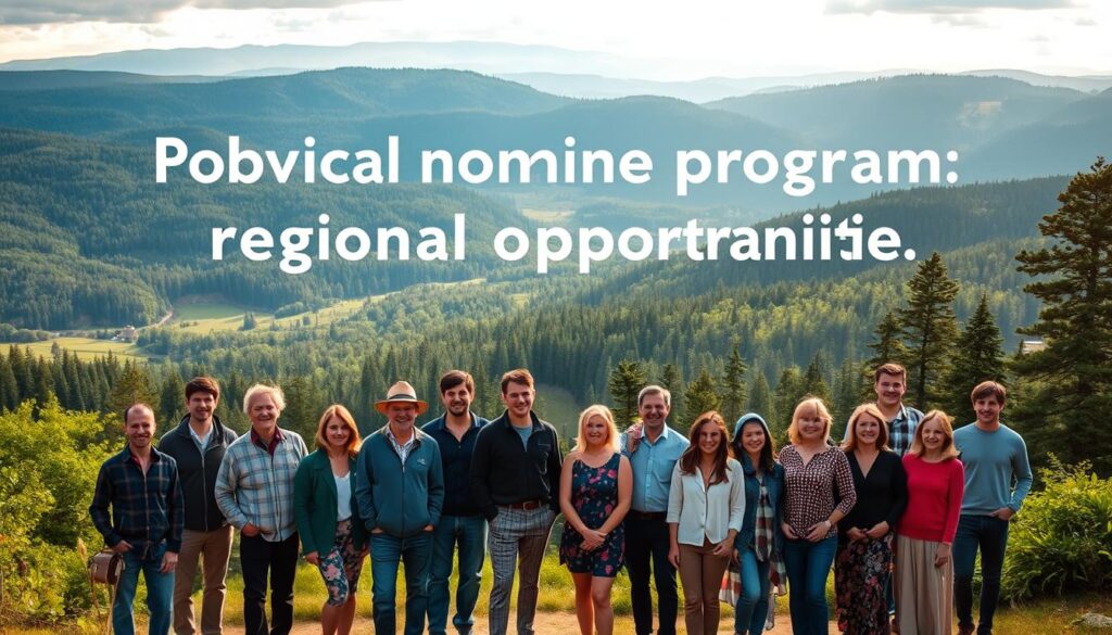 A peaceful, scenic landscape depicting a provincial nominee program's regional opportunities. In the foreground, a diverse group of people - entrepreneurs, professionals, and families - stand together, symbolizing the inclusive nature of the program. Behind them, rolling hills and lush forests stretch out, suggesting the rich natural beauty of the selected province. The lighting is soft and warm, creating a welcoming atmosphere. The camera angle is slightly elevated, giving a sense of optimism and opportunity. The overall mood is one of hope, growth, and the promise of a thriving future for those who choose to call this province home through the provincial nominee program. A peaceful, scenic landscape depicting a provincial nominee program's regional opportunities. In the foreground, a diverse group of people - entrepreneurs, professionals, and families - stand together, symbolizing the inclusive nature of the program. Behind them, rolling hills and lush forests stretch out, suggesting the rich natural beauty of the selected province. The lighting is soft and warm, creating a welcoming atmosphere. The camera angle is slightly elevated, giving a sense of optimism and opportunity. The overall mood is one of hope, growth, and the promise of a thriving future for those who choose to call this province home through the provincial nominee program.