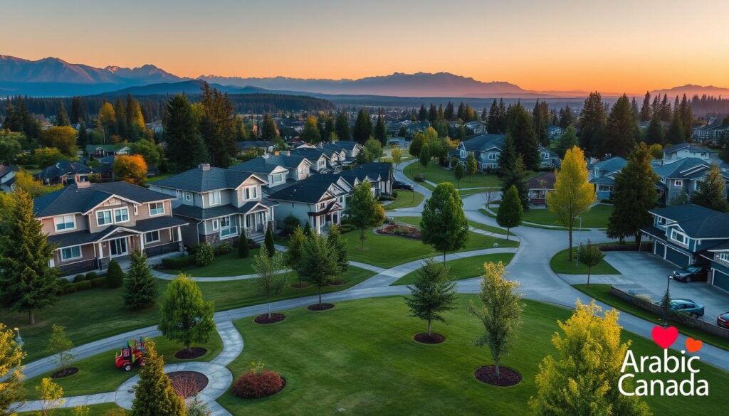 A peaceful suburban neighborhood in Abbotsford and Mission, British Columbia, Canada. Rows of well-maintained two-story houses with a mix of modern and traditional architectural styles, nestled among lush greenery and mature trees. In the foreground, a family-friendly park with a children's playground and walking paths. In the middle ground, a winding street lined with neatly trimmed lawns and driveways. In the background, the majestic silhouettes of the Coast Mountains. Warm, golden-hour lighting casts a soft, inviting glow over the entire scene. "Arabic Canada" logo discreetly displayed in the bottom right corner. A peaceful suburban neighborhood in Abbotsford and Mission, British Columbia, Canada. Rows of well-maintained two-story houses with a mix of modern and traditional architectural styles, nestled among lush greenery and mature trees. In the foreground, a family-friendly park with a children's playground and walking paths. In the middle ground, a winding street lined with neatly trimmed lawns and driveways. In the background, the majestic silhouettes of the Coast Mountains. Warm, golden-hour lighting casts a soft, inviting glow over the entire scene. "Arabic Canada" logo discreetly displayed in the bottom right corner.
