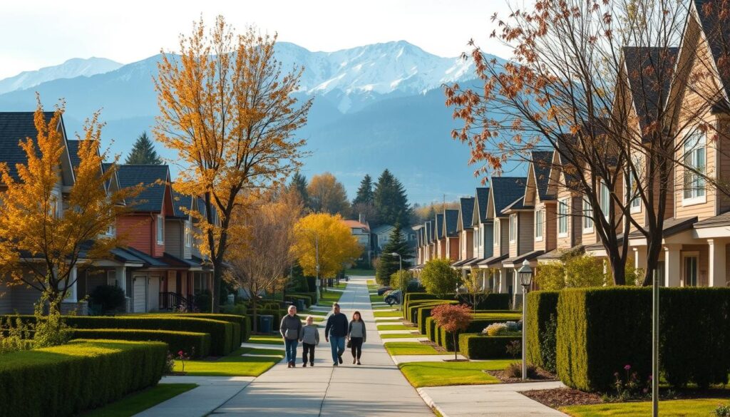 A peaceful suburban neighborhood with rows of well-maintained, two-story homes in warm, earthy tones. Maple and oak trees line the streets, their autumn foliage casting dappled shadows. In the foreground, a group of Arabic Canadian families stroll along the sidewalk, enjoying the crisp, clear day. Middle-ground features tidy, neatly landscaped yards with blooming flowers and manicured hedges. The background showcases the majestic North Shore mountains, their snow-capped peaks framing the scene. Soft, diffused natural lighting illuminates the tranquil, welcoming atmosphere. This is the "Arabic Canada" vision of Langley, Maple Ridge, and Pitt Meadows - affordable suburban havens for growing families. A peaceful suburban neighborhood with rows of well-maintained, two-story homes in warm, earthy tones. Maple and oak trees line the streets, their autumn foliage casting dappled shadows. In the foreground, a group of Arabic Canadian families stroll along the sidewalk, enjoying the crisp, clear day. Middle-ground features tidy, neatly landscaped yards with blooming flowers and manicured hedges. The background showcases the majestic North Shore mountains, their snow-capped peaks framing the scene. Soft, diffused natural lighting illuminates the tranquil, welcoming atmosphere. This is the "Arabic Canada" vision of Langley, Maple Ridge, and Pitt Meadows - affordable suburban havens for growing families.