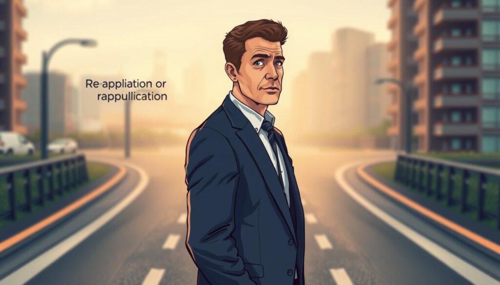 A pensive businessman standing at a crossroads, contemplating the decision between appealing a rejected application or reapplying. The foreground features a detailed illustration of the man, dressed in a sharp suit, his brow furrowed in thought. The middle ground depicts a fork in the road, one path leading to an appeal process, the other to a reapplication journey. The background is a softly blurred urban landscape, hinting at the complexities of the immigration system. Warm, directional lighting illuminates the man's face, creating a thoughtful, introspective atmosphere. The scene conveys the weight of the decision, the dilemma faced by those seeking to navigate the Canadian immigration process.