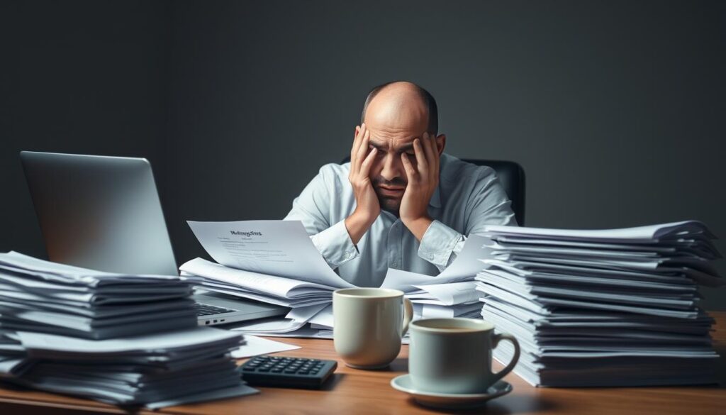 A person sitting at a desk, overwhelmed by financial documents and a laptop, with a stressed expression on their face. The foreground shows stacks of papers, a calculator, and a cup of coffee, conveying a sense of financial burden. The middle ground features the individual, their face in their hands, surrounded by the clutter of paperwork. The background is dimly lit, with muted colors, creating a somber and anxious atmosphere. Soft, directional lighting casts shadows, emphasizing the individual's distress. The composition and styling suggest the challenges of mortgage stress and the importance of carefully considering financial decisions.