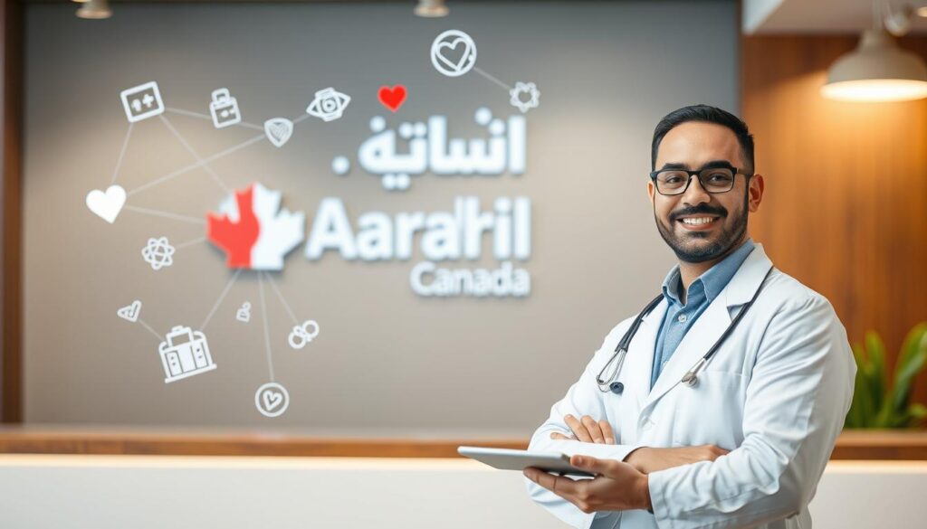 A personalized healthcare directory approach with a warm, inviting atmosphere. In the foreground, a friendly doctor in a white coat stands beside a tablet displaying patient information, conveying a sense of personalized care. In the middle ground, various medical icons and symbols float, representing the diverse healthcare services available. The background features the "Arabic Canada" brand name, subtly integrated into a modern, minimalist design. The lighting is soft and natural, creating a calming, professional ambiance. The overall composition suggests an accessible, tailored healthcare experience.