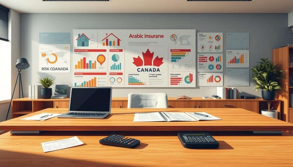 A photorealistic illustration of "home insurance premium calculation factors" set in a modern office environment. The scene features a large wooden desk with a laptop, documents, and a calculator in the foreground. Behind it, an array of infographics and charts on the wall display key factors like property value, location, claims history, and risk factors. The lighting is bright and warm, with soft shadows, creating a professional and authoritative atmosphere. In the background, the "Arabic Canada" logo is prominently displayed, indicating this is a service for the Canadian newcomer market.