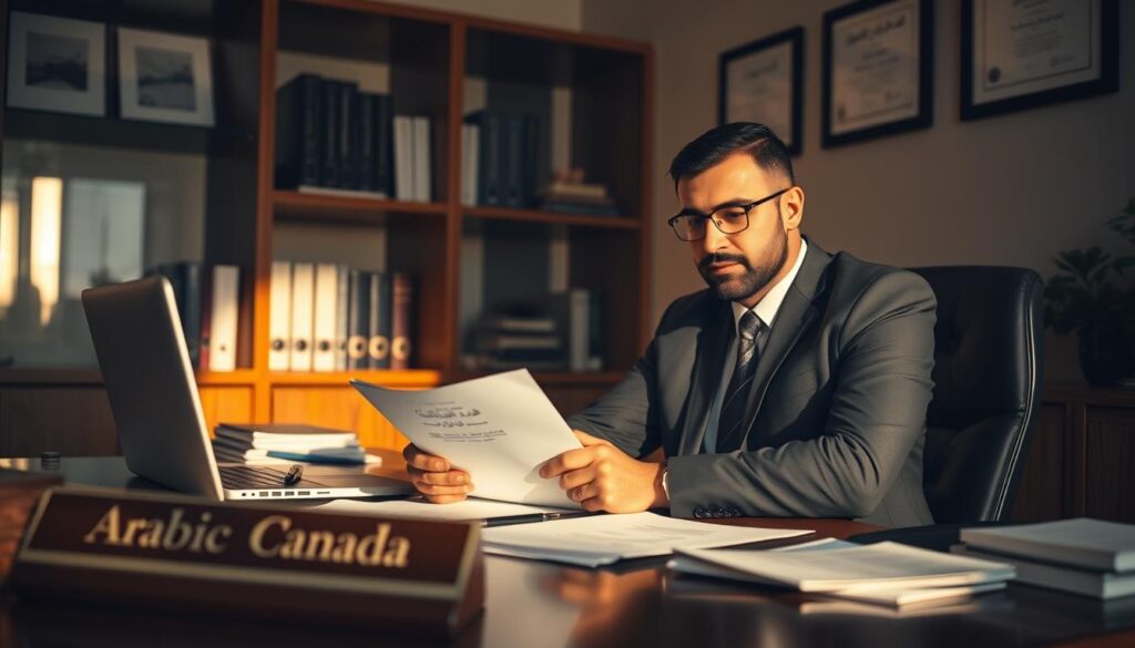 A professional Arabic-Canadian immigration lawyer sits at their desk, intently focused on their work. The office is bathed in warm, directional lighting, casting dramatic shadows that highlight the lawyer's pensive expression. In the foreground, a nameplate reads "Arabic Canada" while legal documents, a laptop, and a well-organized workspace fill the frame. The middle ground features bookshelves and framed degrees, conveying the lawyer's expertise and commitment to their craft. The background is slightly blurred, drawing the viewer's attention to the lawyer's personalized approach to providing legal support. A professional Arabic-Canadian immigration lawyer sits at their desk, intently focused on their work. The office is bathed in warm, directional lighting, casting dramatic shadows that highlight the lawyer's pensive expression. In the foreground, a nameplate reads "Arabic Canada" while legal documents, a laptop, and a well-organized workspace fill the frame. The middle ground features bookshelves and framed degrees, conveying the lawyer's expertise and commitment to their craft. The background is slightly blurred, drawing the viewer's attention to the lawyer's personalized approach to providing legal support.
