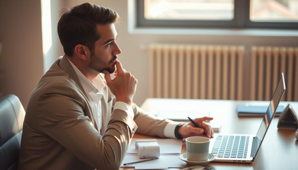 A professional business person sitting at a desk, deep in thought, considering a salary negotiation strategy. The scene is bathed in warm, natural lighting from a window, casting a gentle glow over the thoughtful expression on the subject's face. The desk is neatly organized, with a laptop, some notes, and a cup of coffee - the tools of the trade for a skilled negotiator. The background is blurred, keeping the focus on the central figure and their contemplative pose. An atmosphere of careful consideration and strategic planning pervades the scene, hinting at the importance of the task at hand. A professional business person sitting at a desk, deep in thought, considering a salary negotiation strategy. The scene is bathed in warm, natural lighting from a window, casting a gentle glow over the thoughtful expression on the subject's face. The desk is neatly organized, with a laptop, some notes, and a cup of coffee - the tools of the trade for a skilled negotiator. The background is blurred, keeping the focus on the central figure and their contemplative pose. An atmosphere of careful consideration and strategic planning pervades the scene, hinting at the importance of the task at hand.